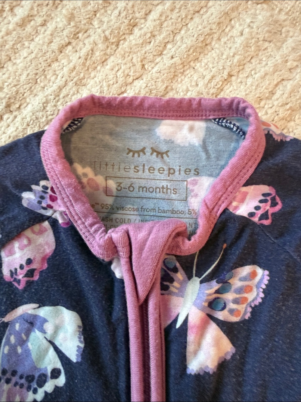 Little Sleepies Navy Footed One-Piece with Pink Butterfly Print - Picture 2 of 2